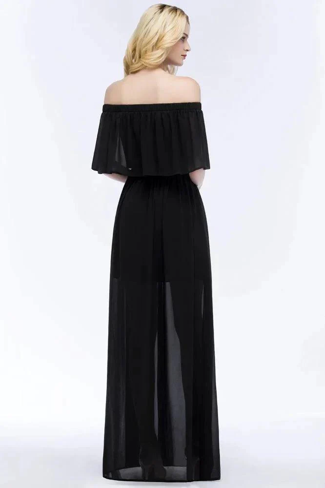 A-line Off-the-shoulder Floor Length Black Chiffon Bridesmaid Dresses - Image 6