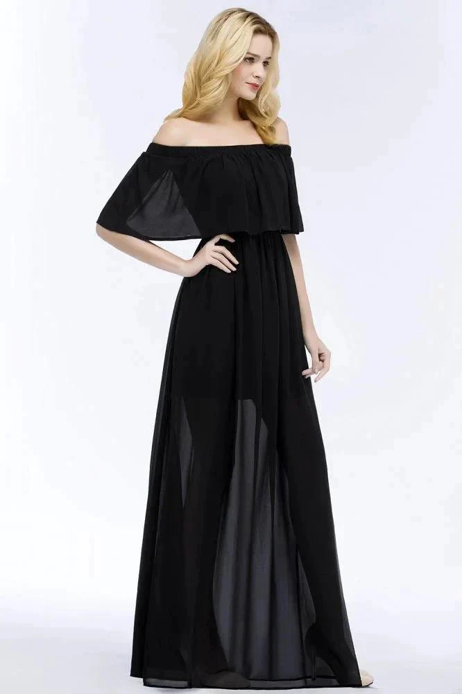 A-line Off-the-shoulder Floor Length Black Chiffon Bridesmaid Dresses - Image 7
