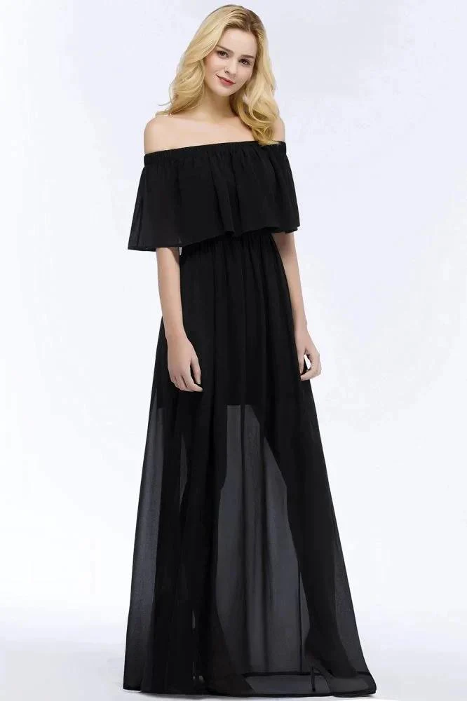 A-line Off-the-shoulder Floor Length Black Chiffon Bridesmaid Dresses - Image 8