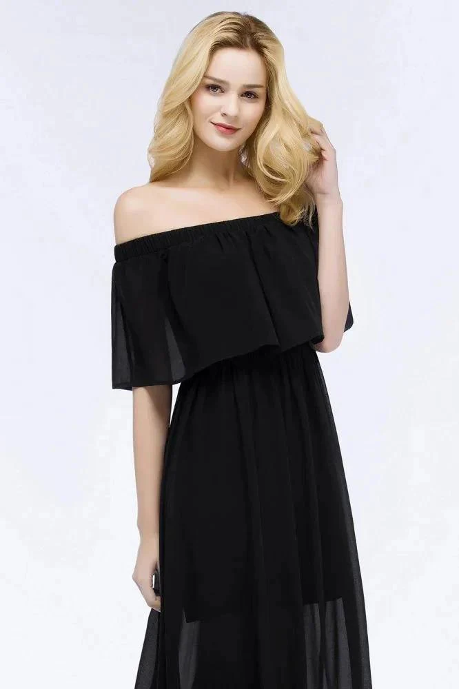 A-line Off-the-shoulder Floor Length Black Chiffon Bridesmaid Dresses - Image 9