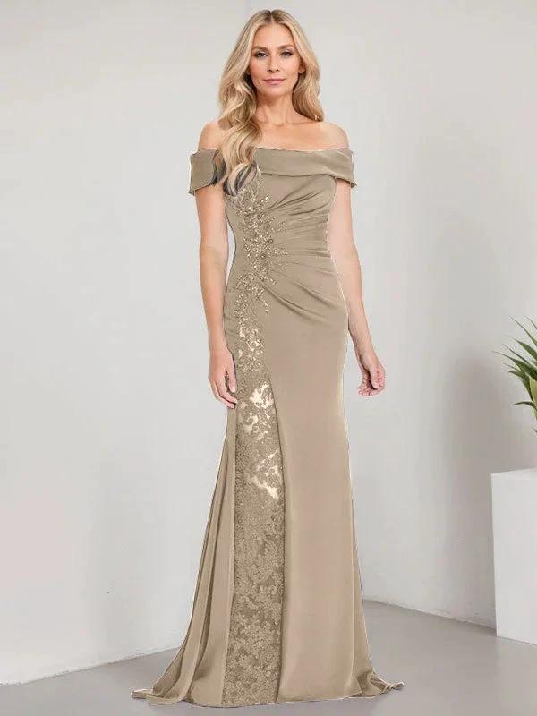 A-Line Off the Shoulder Floor-Length Mother of the Bride Dress Applique Beadings Mermaid Dress With  High Split - Image 10
