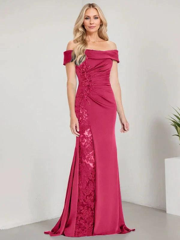 A-Line Off the Shoulder Floor-Length Mother of the Bride Dress Applique Beadings Mermaid Dress With  High Split - Image 11