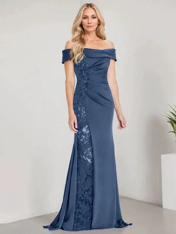 A-Line Off the Shoulder Floor-Length Mother of the Bride Dress Applique Beadings Mermaid Dress With  High Split - Image 12