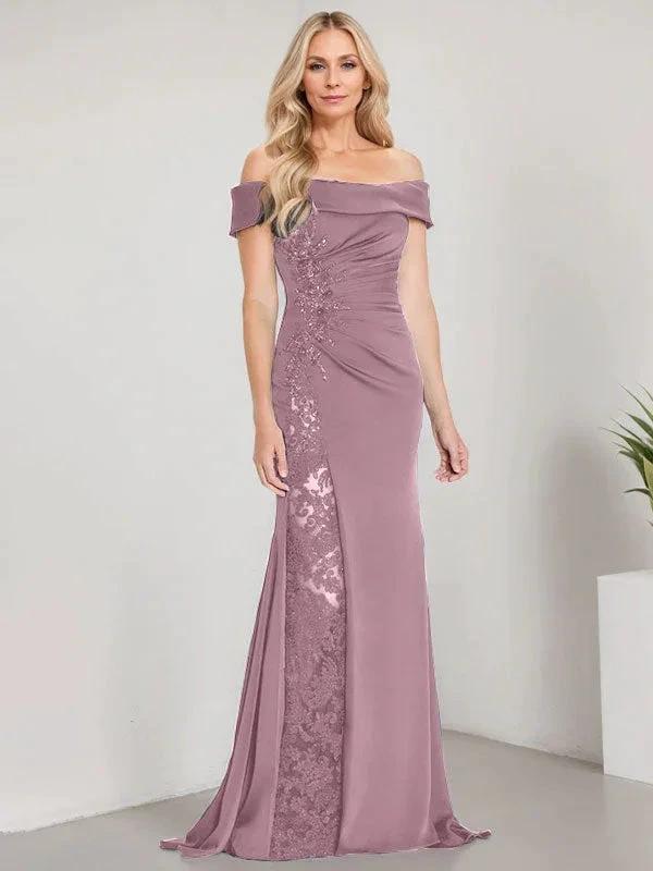 A-Line Off the Shoulder Floor-Length Mother of the Bride Dress Applique Beadings Mermaid Dress With  High Split - Image 13