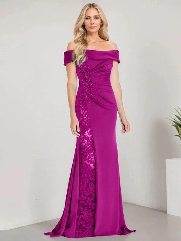 A-Line Off the Shoulder Floor-Length Mother of the Bride Dress Applique Beadings Mermaid Dress With  High Split - Image 14