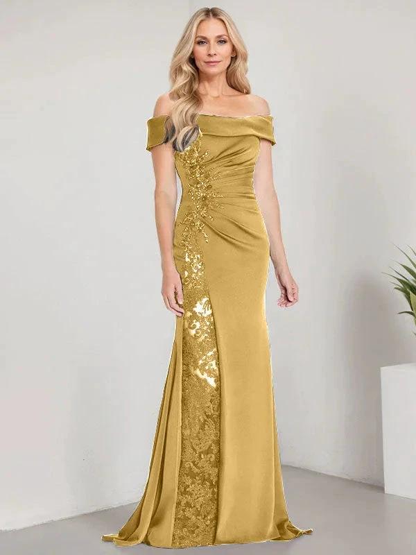 A-Line Off the Shoulder Floor-Length Mother of the Bride Dress Applique Beadings Mermaid Dress With  High Split - Image 15