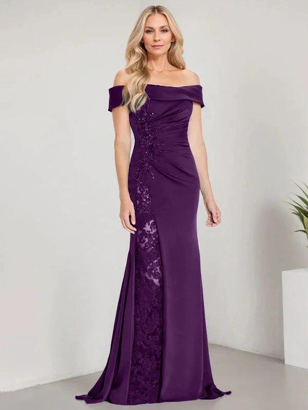 A-Line Off the Shoulder Floor-Length Mother of the Bride Dress Applique Beadings Mermaid Dress With  High Split - Image 16