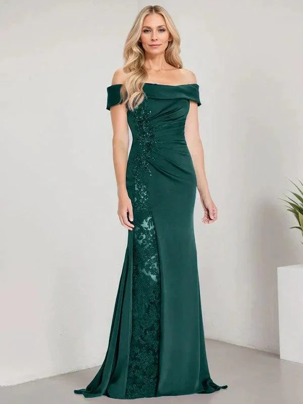 A-Line Off the Shoulder Floor-Length Mother of the Bride Dress Applique Beadings Mermaid Dress With  High Split - Image 17