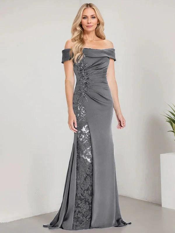 A-Line Off the Shoulder Floor-Length Mother of the Bride Dress Applique Beadings Mermaid Dress With  High Split - Image 18