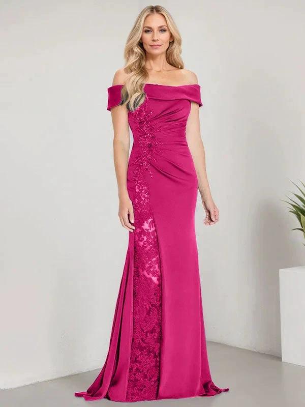 A-Line Off the Shoulder Floor-Length Mother of the Bride Dress Applique Beadings Mermaid Dress With  High Split - Image 19
