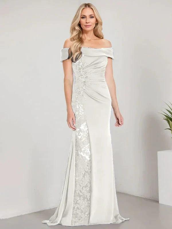 A-Line Off the Shoulder Floor-Length Mother of the Bride Dress Applique Beadings Mermaid Dress With  High Split - Image 20
