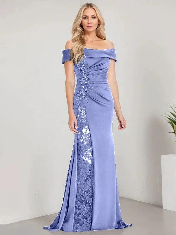 A-Line Off the Shoulder Floor-Length Mother of the Bride Dress Applique Beadings Mermaid Dress With  High Split - Image 21