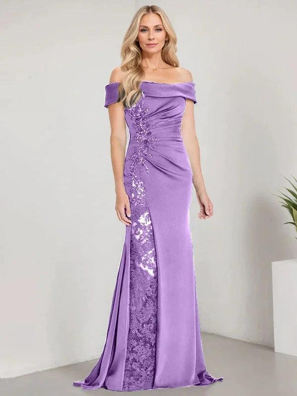 A-Line Off the Shoulder Floor-Length Mother of the Bride Dress Applique Beadings Mermaid Dress With  High Split - Image 22