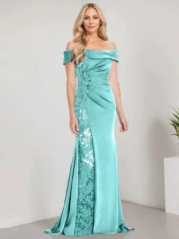 A-Line Off the Shoulder Floor-Length Mother of the Bride Dress Applique Beadings Mermaid Dress With  High Split - Image 23