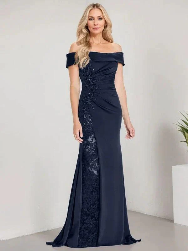 A-Line Off the Shoulder Floor-Length Mother of the Bride Dress Applique Beadings Mermaid Dress With  High Split - Image 24