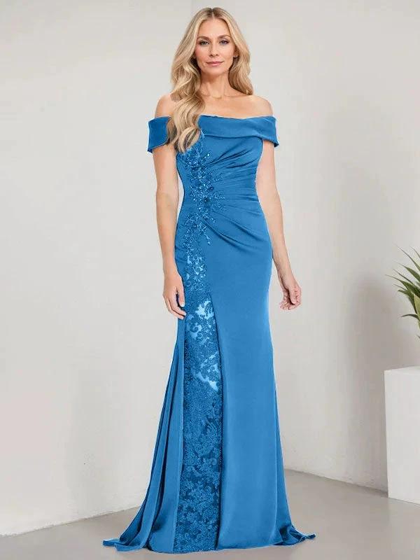 A-Line Off the Shoulder Floor-Length Mother of the Bride Dress Applique Beadings Mermaid Dress With  High Split - Image 25