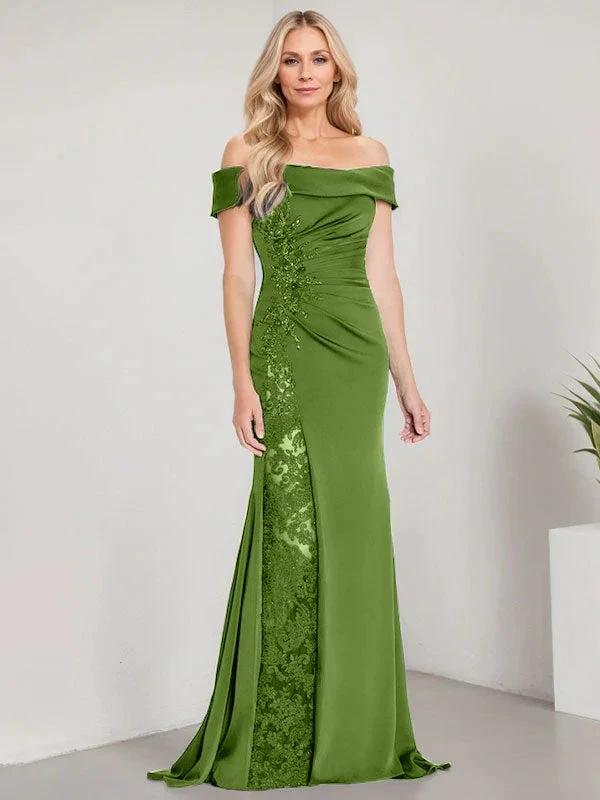 A-Line Off the Shoulder Floor-Length Mother of the Bride Dress Applique Beadings Mermaid Dress With  High Split - Image 26