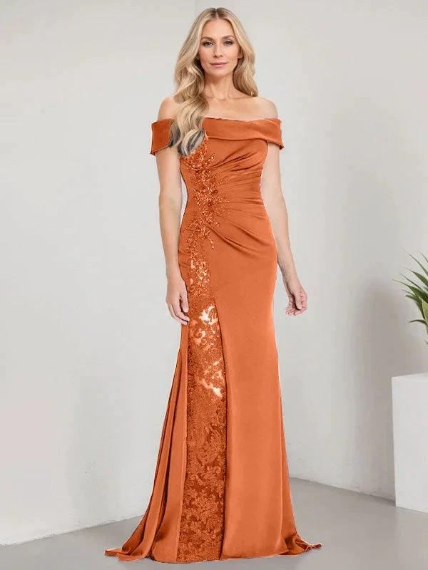 A-Line Off the Shoulder Floor-Length Mother of the Bride Dress Applique Beadings Mermaid Dress With  High Split - Image 27