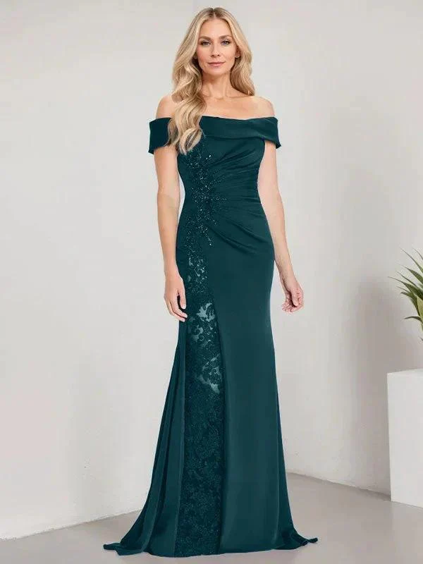 A-Line Off the Shoulder Floor-Length Mother of the Bride Dress Applique Beadings Mermaid Dress With  High Split - Image 28