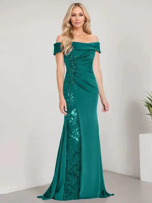 A-Line Off the Shoulder Floor-Length Mother of the Bride Dress Applique Beadings Mermaid Dress With  High Split - Image 29