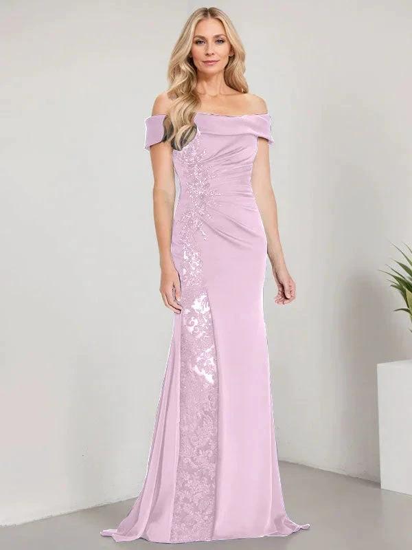 A-Line Off the Shoulder Floor-Length Mother of the Bride Dress Applique Beadings Mermaid Dress With  High Split - Image 30