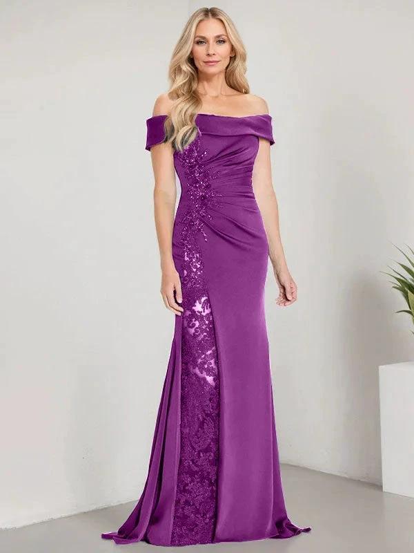 A-Line Off the Shoulder Floor-Length Mother of the Bride Dress Applique Beadings Mermaid Dress With  High Split - Image 31