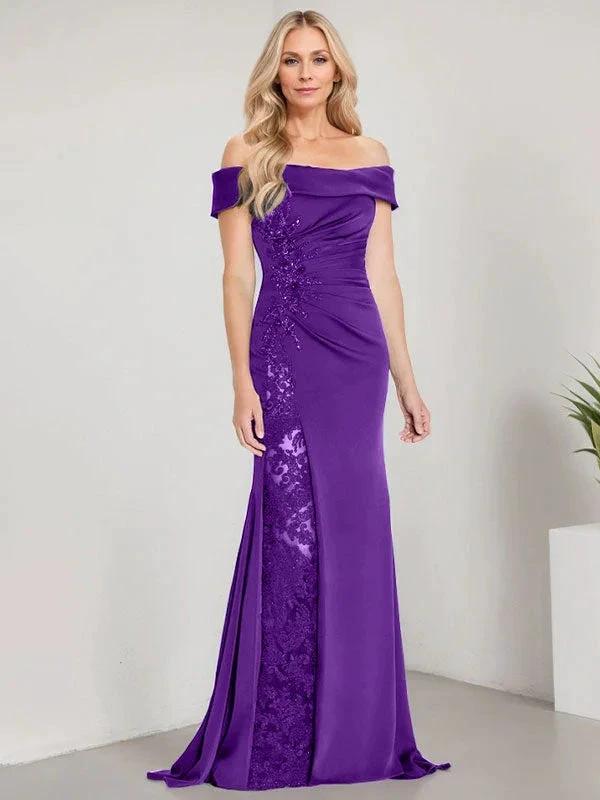 A-Line Off the Shoulder Floor-Length Mother of the Bride Dress Applique Beadings Mermaid Dress With  High Split - Image 32