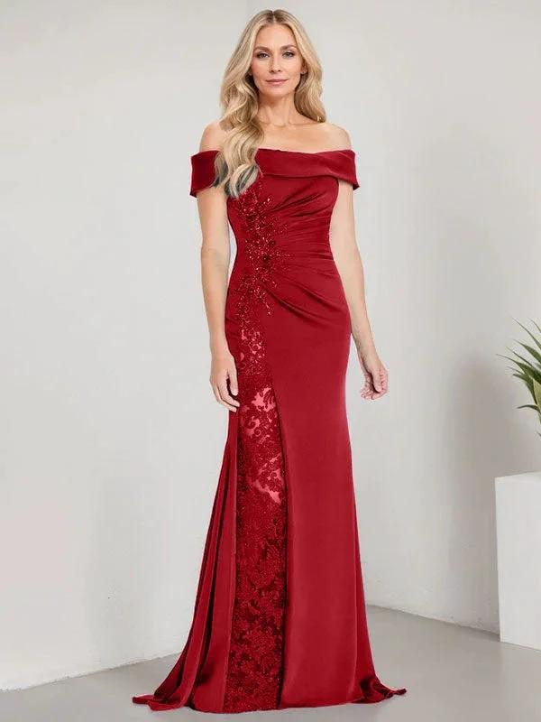 A-Line Off the Shoulder Floor-Length Mother of the Bride Dress Applique Beadings Mermaid Dress With  High Split - Image 33