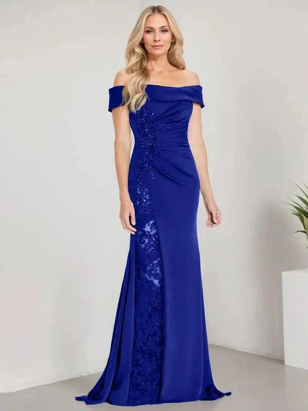 A-Line Off the Shoulder Floor-Length Mother of the Bride Dress Applique Beadings Mermaid Dress With  High Split - Image 34