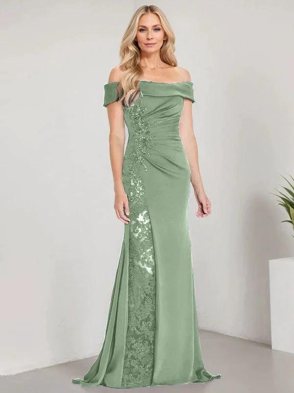 A-Line Off the Shoulder Floor-Length Mother of the Bride Dress Applique Beadings Mermaid Dress With  High Split - Image 35