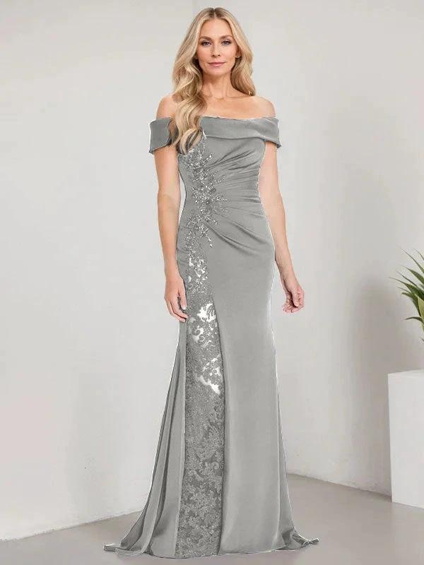A-Line Off the Shoulder Floor-Length Mother of the Bride Dress Applique Beadings Mermaid Dress With  High Split - Image 36
