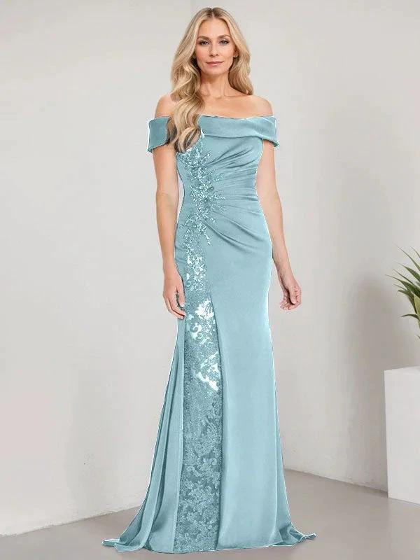 A-Line Off the Shoulder Floor-Length Mother of the Bride Dress Applique Beadings Mermaid Dress With  High Split - Image 37