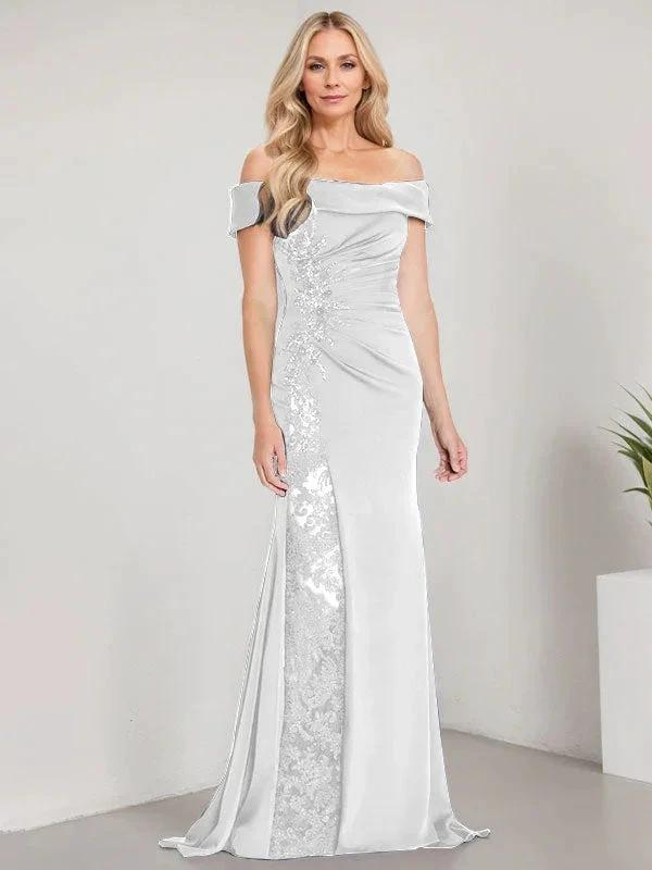 A-Line Off the Shoulder Floor-Length Mother of the Bride Dress Applique Beadings Mermaid Dress With  High Split - Image 38