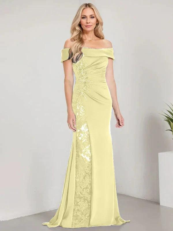 A-Line Off the Shoulder Floor-Length Mother of the Bride Dress Applique Beadings Mermaid Dress With  High Split - Image 39