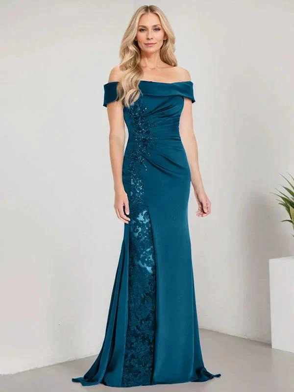 A-Line Off the Shoulder Floor-Length Mother of the Bride Dress Applique Beadings Mermaid Dress With  High Split - Image 5