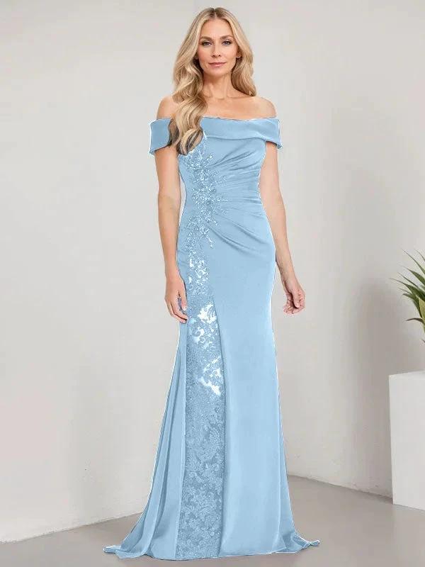 A-Line Off the Shoulder Floor-Length Mother of the Bride Dress Applique Beadings Mermaid Dress With  High Split - Image 6