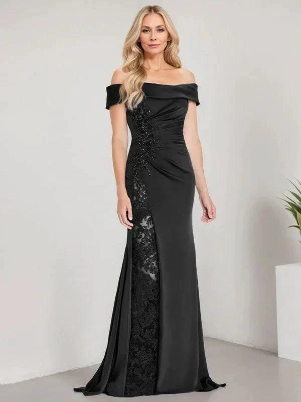A-Line Off the Shoulder Floor-Length Mother of the Bride Dress Applique Beadings Mermaid Dress With  High Split - Image 7