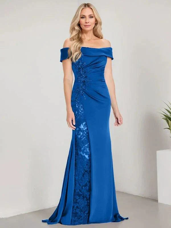 A-Line Off the Shoulder Floor-Length Mother of the Bride Dress Applique Beadings Mermaid Dress With  High Split - Image 8