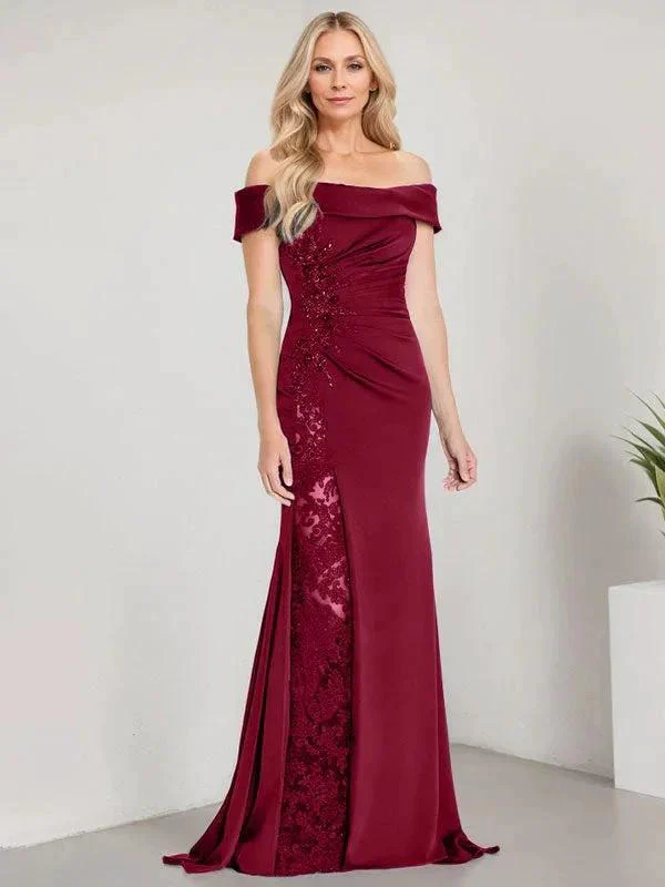 A-Line Off the Shoulder Floor-Length Mother of the Bride Dress Applique Beadings Mermaid Dress With  High Split - Image 9