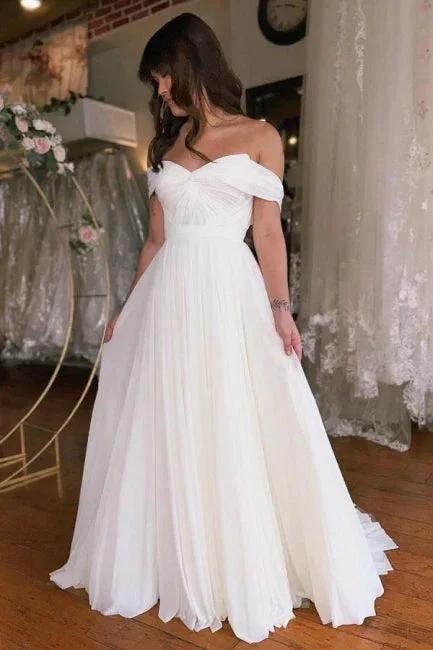 A-Line Off-The-Shoulder Floor-Length Short Sleeve Stain Wedding Dresses with Ruffles - Image 2
