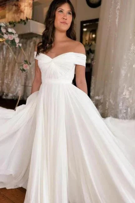 A-Line Off-The-Shoulder Floor-Length Short Sleeve Stain Wedding Dresses with Ruffles - Image 3