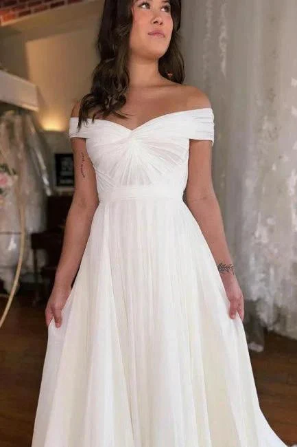 A-Line Off-The-Shoulder Floor-Length Short Sleeve Stain Wedding Dresses with Ruffles - Image 4