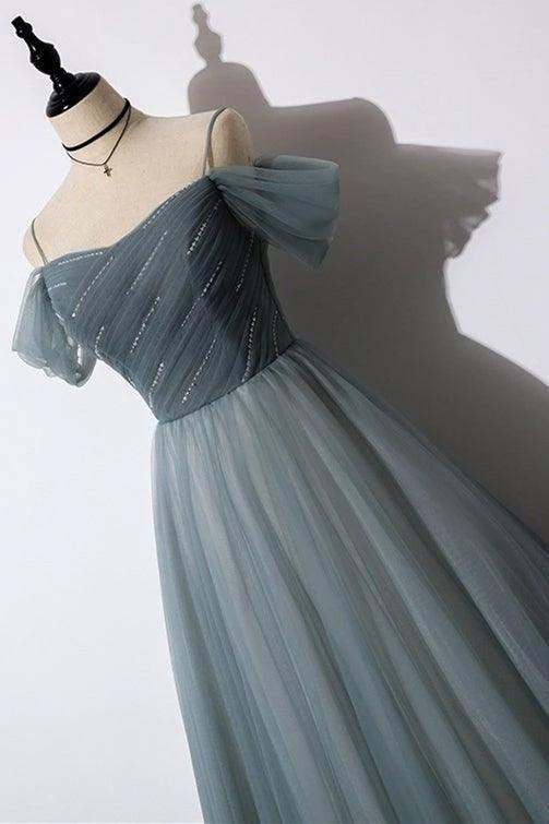 A-Line Off The Shoulder Grey Tulle Prom Dress Evening Dress PSK539 - Image 2