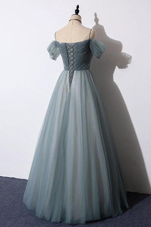 A-Line Off The Shoulder Grey Tulle Prom Dress Evening Dress PSK539 - Image 3