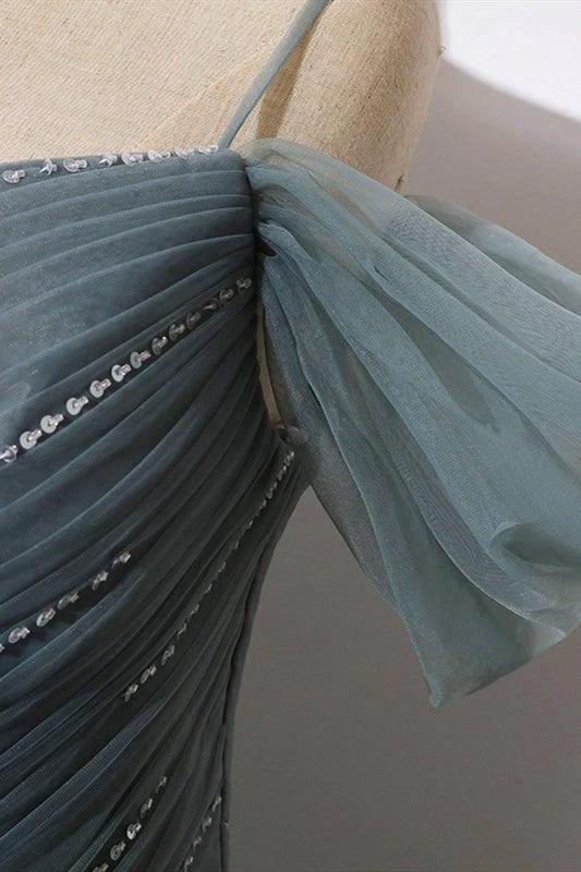 A-Line Off The Shoulder Grey Tulle Prom Dress Evening Dress PSK539 - Image 4
