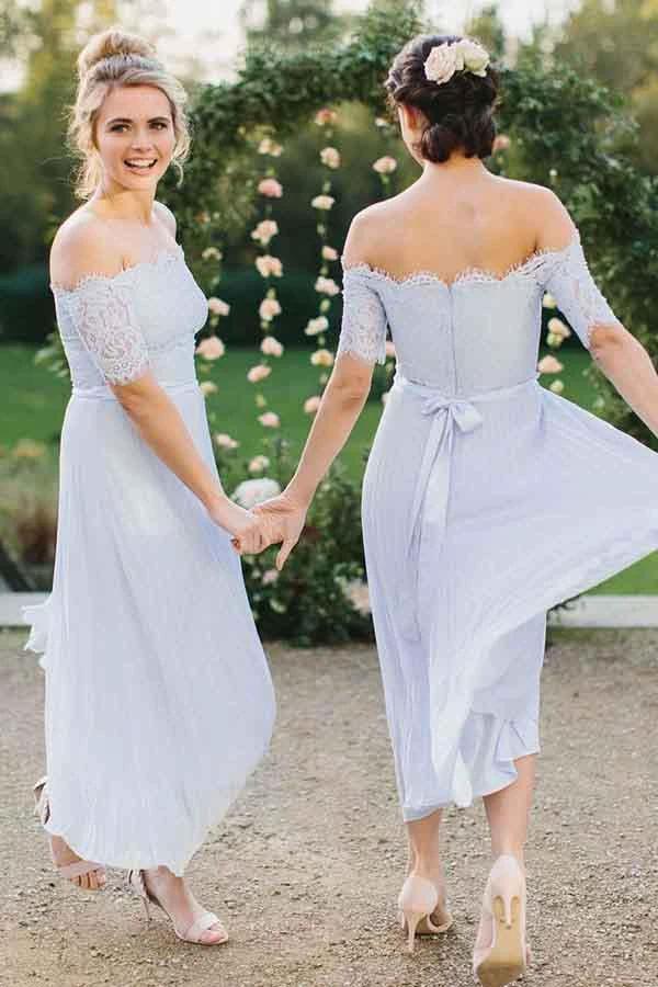 A-Line Off-the-Shoulder Light Blue Pleated Chiffon Bridesmaid Dress with Lace BD056 - Image 2