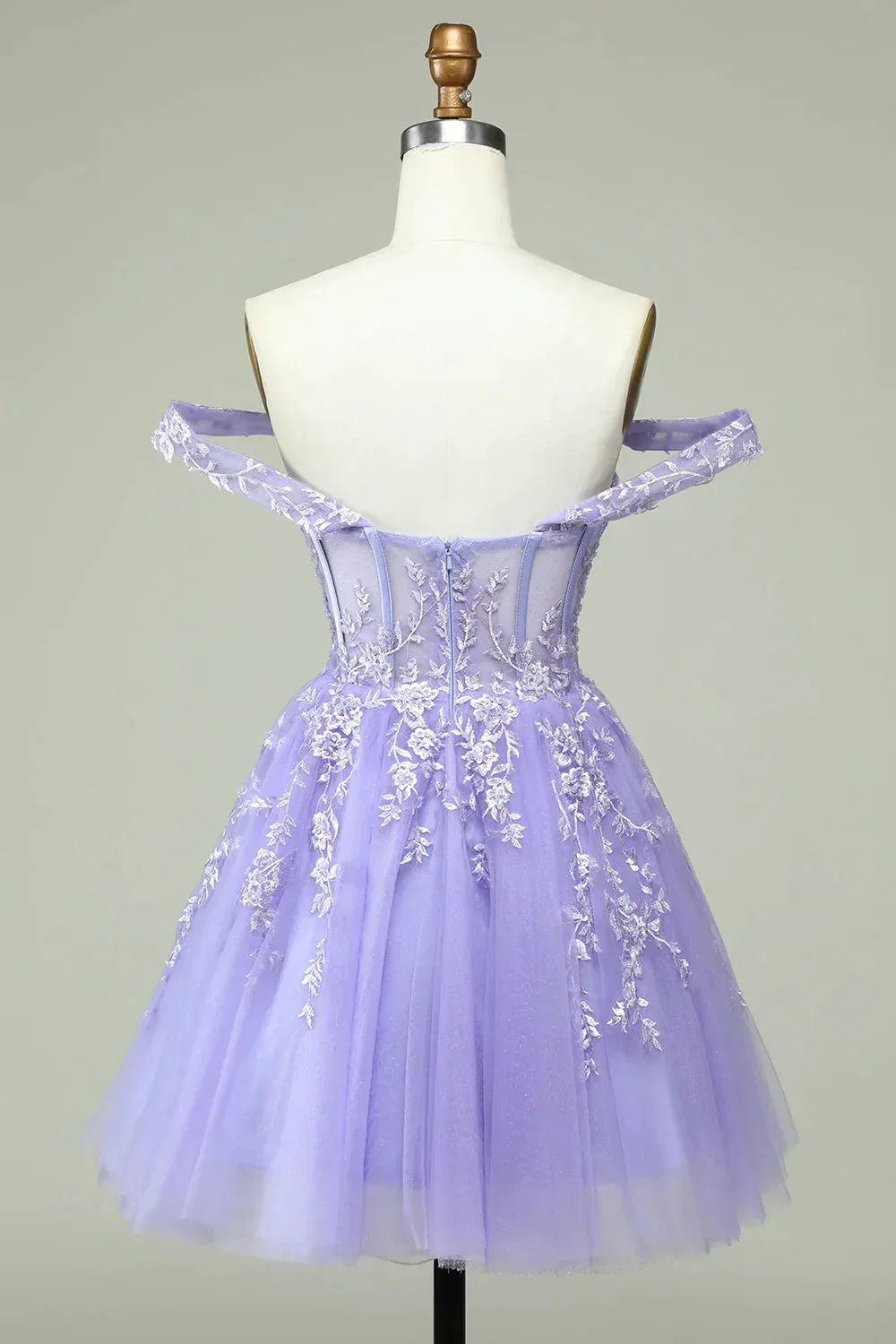 A Line Off the Shoulder Lilac Corset Homecoming Dress with Appliques Y2168 - Image 2