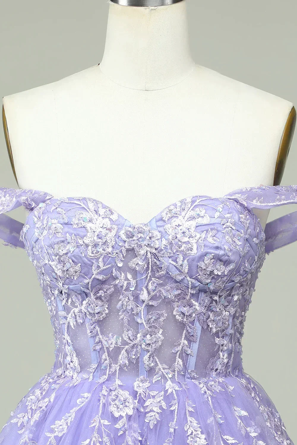 A Line Off the Shoulder Lilac Corset Homecoming Dress with Appliques Y2168 - Image 3