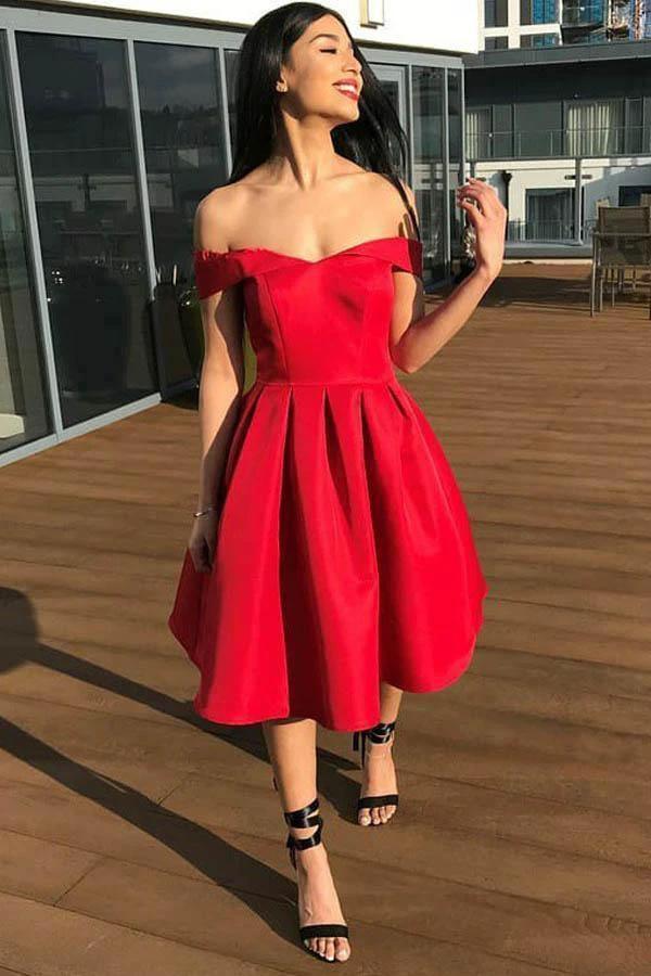 A-Line Off-the-Shoulder Pleated Red Satin Homecoming Dress PD313 - Image 2