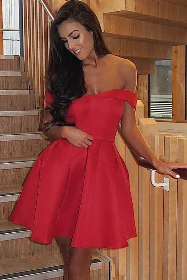 A-Line Off-the-Shoulder Pleated Red Satin Homecoming Dress PD313 - Image 3